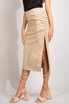 Ruched Side Slit PU Midi Skirt