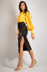 Ruched Side Slit PU Midi Skirt