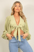Tie Front Crop Top With Balloon Sleeve