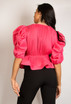Plunge Peplum Blouse With Puff Sleeve