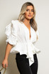 Plunge Peplum Blouse With Puff Sleeve