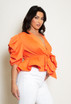 Plunge Peplum Blouse With Puff Sleeve