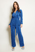 Belted Plisse V Neck Blouse And Trouser Set