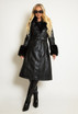 Faux Fur Trim Belted Trench Coat 