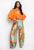 Tie Front Blouse And Printed Wide Leg Trouser Set