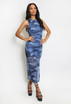 Ruched Tie Dye Print Side Slit Maxi Dress