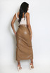 PU Front Slit Belted Midi Skirt