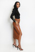 Button Side Faux Leather Midi Skirt