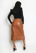 Button Side Faux Leather Midi Skirt
