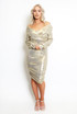 Metallic Ruched V Neck Midi Dress