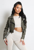 Faded Faux Leather Cropped Belted Biker Jacket