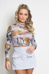 Grey Floral Marble Print Round Neck Top