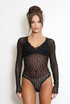 Sheer Lace V Neck Long Sleeve Bodysuit 