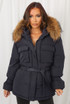 Natural Fur Hood Tie Up Belt Parka Coat
