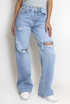Faded Blue Ripped Wide Leg Long Jeans
