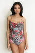 Floral Leopard Print Mesh Drape Neck Bodysuit