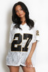 27 Slogan V Neck Sheer Lace Varsity Top