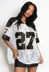 27 Slogan V Neck Sheer Lace Varsity Top