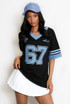 67 Slogan Contrast Trim Baseball Top