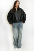 Faux Leather Bomber Jacket With Belt