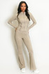 Contrast Lining Zipper Top and Flare Hem Trouser Set