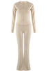 Contrast Lining Zipper Top and Flare Hem Trouser Set