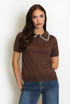Fine Knit Polo Top With Embellished Collar
