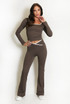 Contrast Edge Square Neck Top and Flare Hem Trouser Set