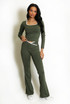 Contrast Edge Square Neck Top and Flare Hem Trouser Set