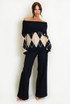 Argyle Wool Blend Off Shoulder Jumper