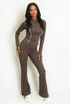 Contrast Piping Zip Gym Top and Flare Trouser Set