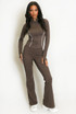 Contrast Piping Zip Gym Top and Flare Trouser Set