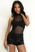 Sleeveless Mesh Bodysuit With Velvet Sequin Collar 