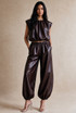PU Balloon Blouse and Trouser Set