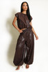PU Balloon Blouse and Trouser Set