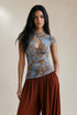 Sheer Flocking Mandarin Top
