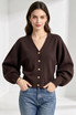Gold-Button Puff Sleeve V-Neck Knit Cardigan