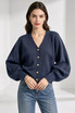 Gold-Button Puff Sleeve V-Neck Knit Cardigan