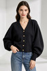 Gold-Button Puff Sleeve V-Neck Knit Cardigan