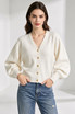 Gold-Button Puff Sleeve V-Neck Knit Cardigan