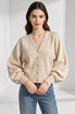 Gold-Button Puff Sleeve V-Neck Knit Cardigan