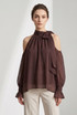 Cold Shoulders Tie Neck Chiffon Blouse