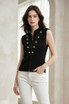 Yoke Knit Zip Up Top with Golden Buttons
