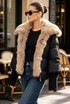 Faux Fur Trim Puffer Jacket With Ribbed Cuff