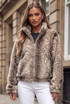 High Neck Deer Print Faux Fur Jacket 