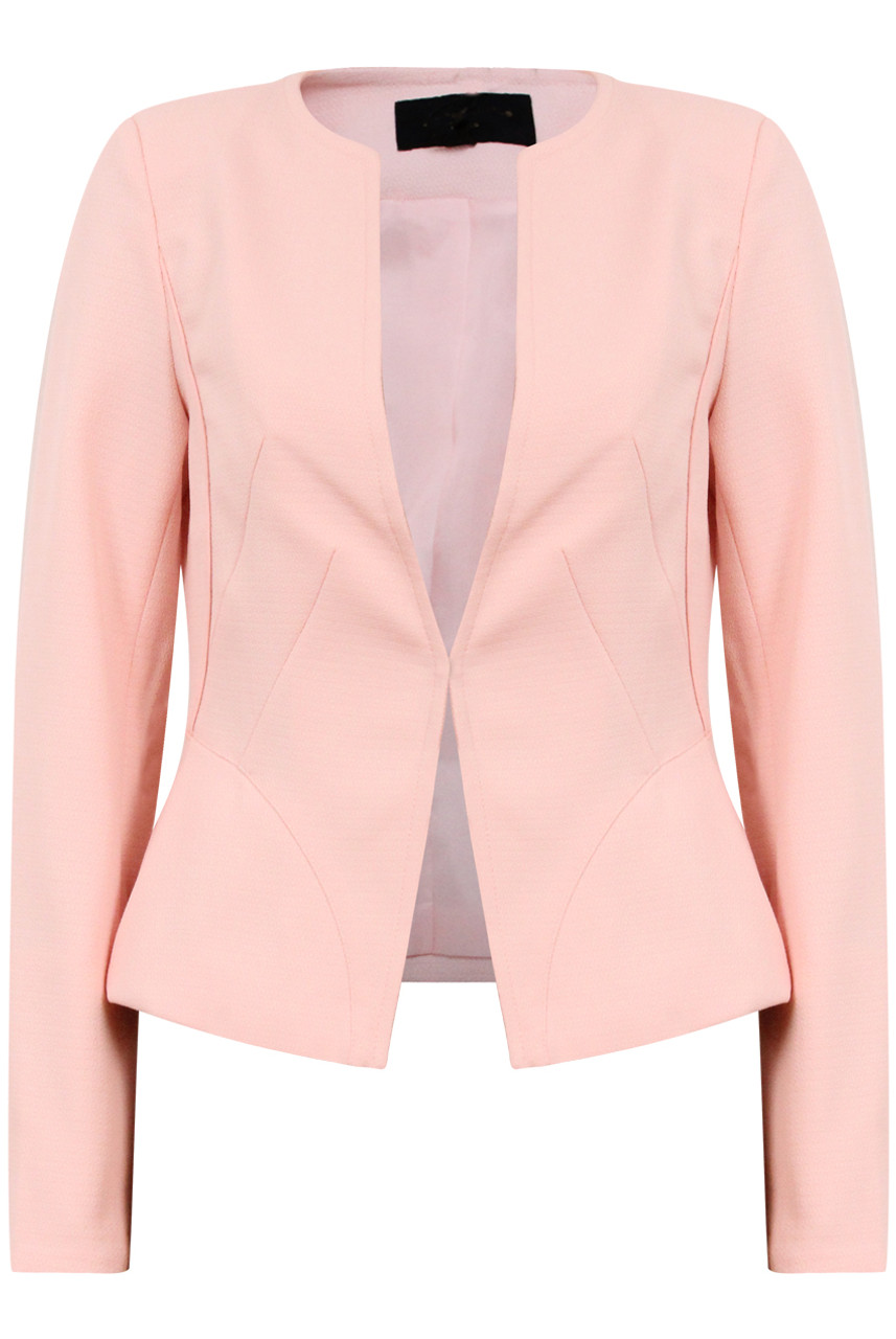 Pink Textured Paneled Collarless Blazer