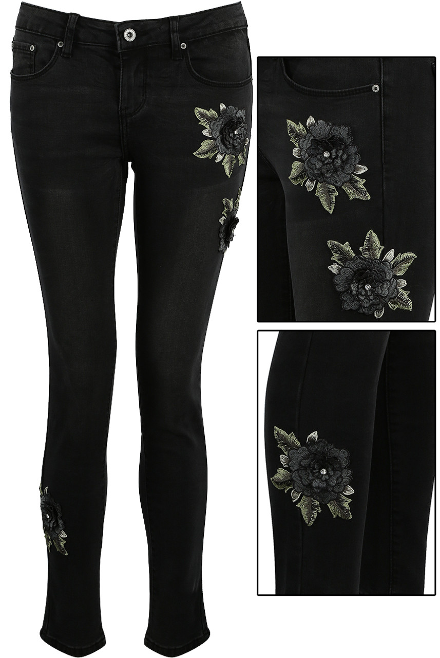 Embroidered Floral Trim Black Denim Jeans - Buy Fashion Wholesale