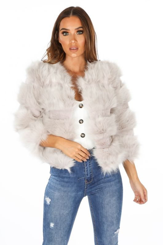 cropped grey fur jacket
