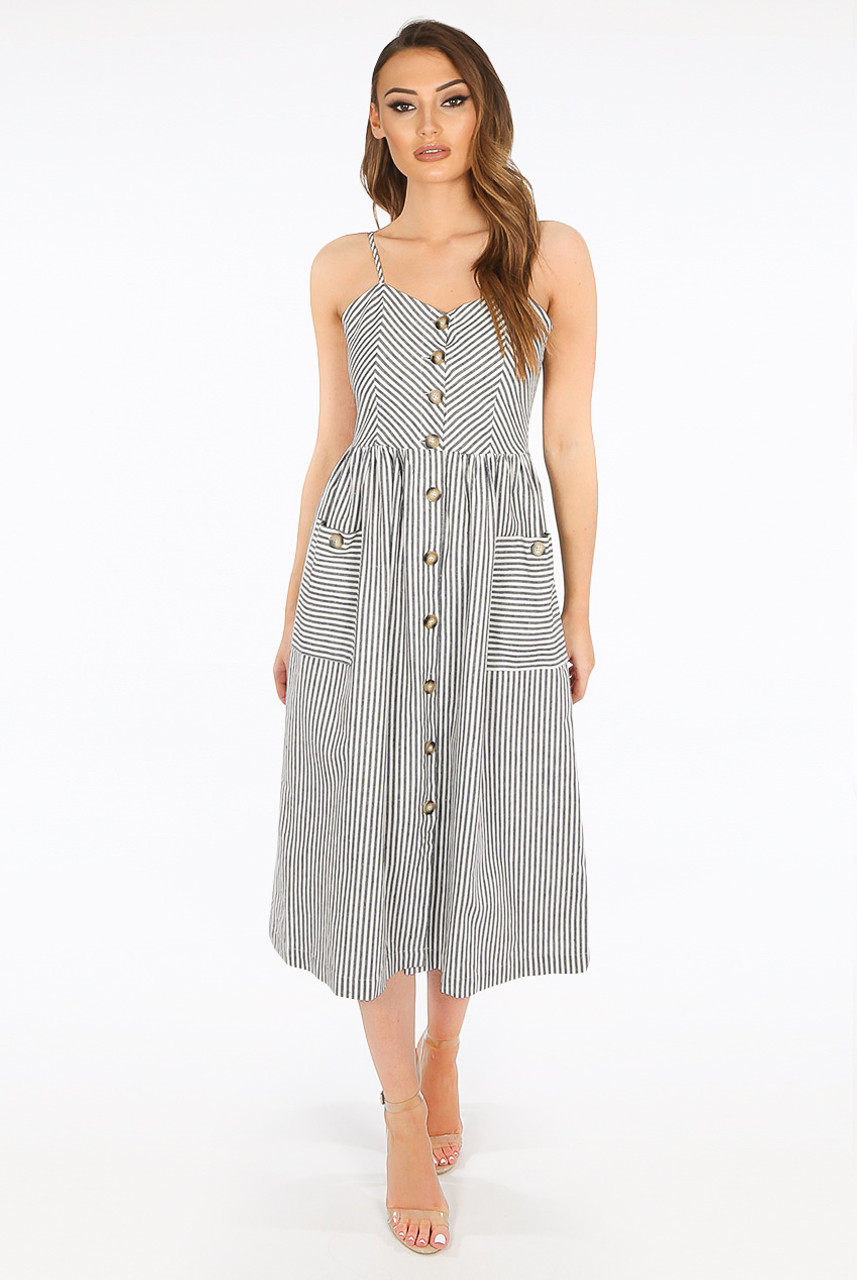 stripe button front midi dress