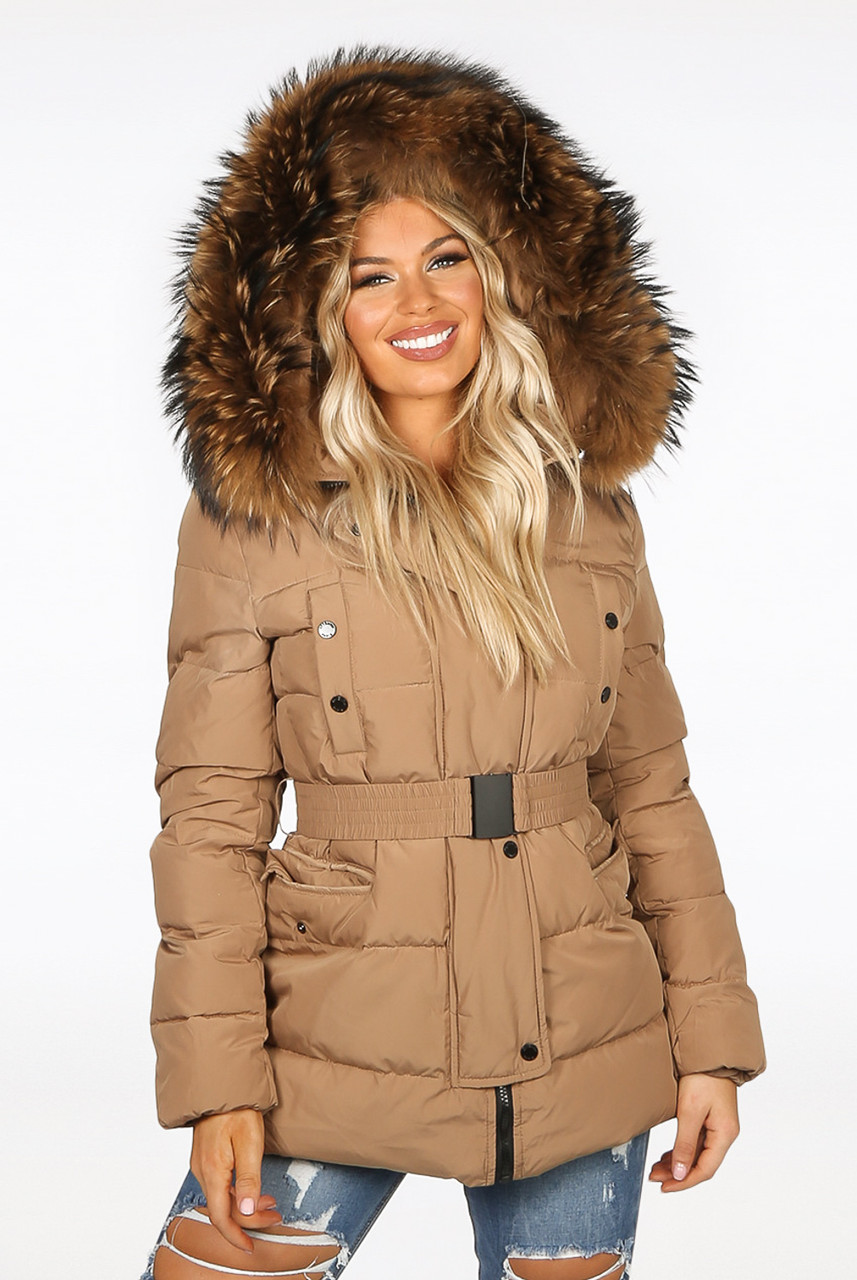 khaki puffer jacket with fur hood